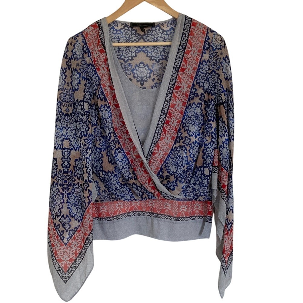 BCBGMaxazria Womens Kasia Wrap Silk Blouse Size XS Blue Red Grey Angel Sleeve